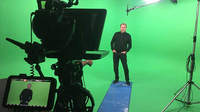 Harry Rednapp and autocue in the studio for green screen video production for commercial