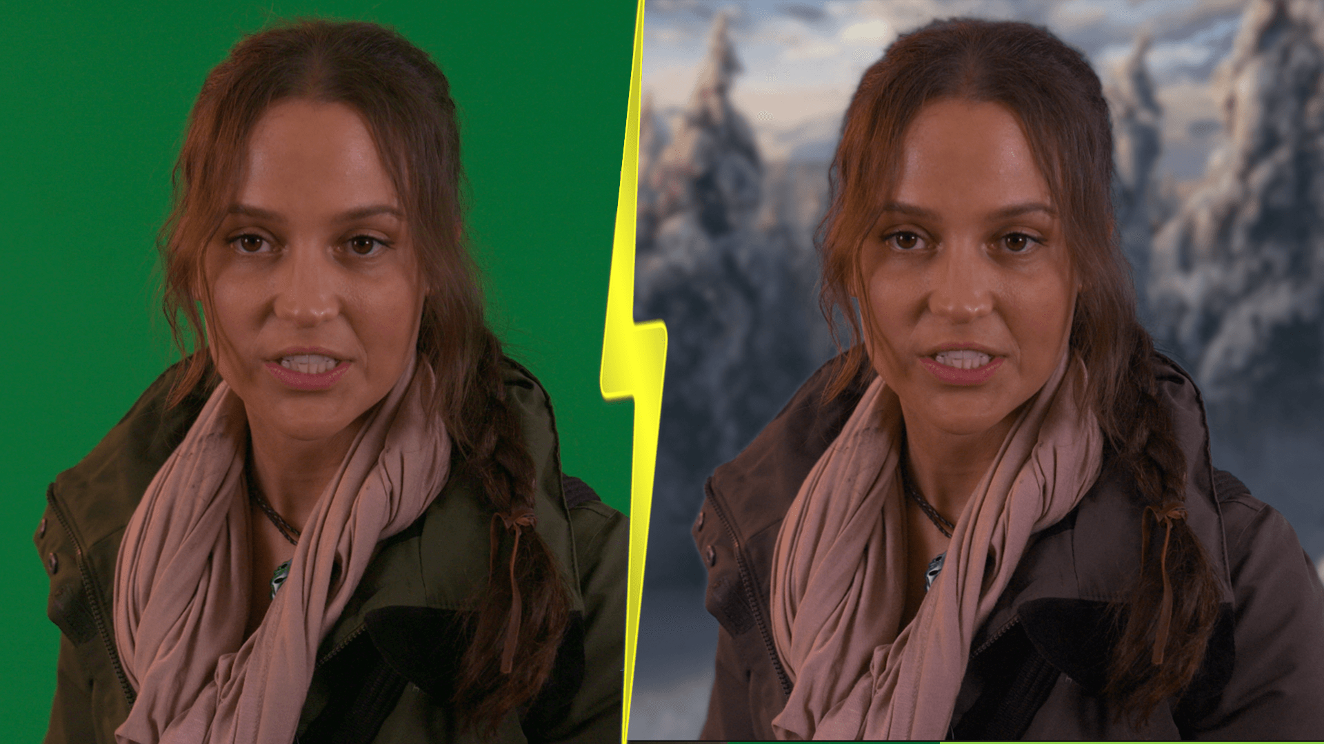 Alicia Vikanader before and after green screen image