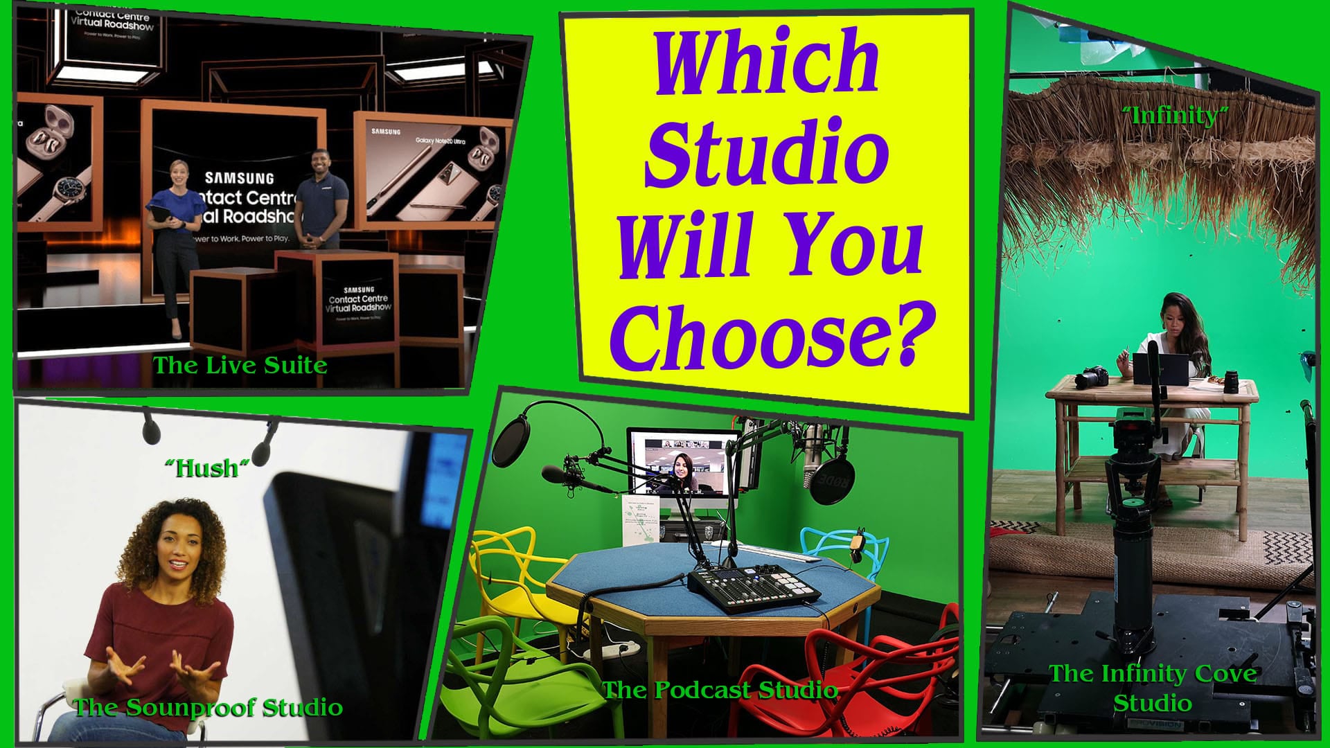 Filming studio, live streaming studio, video production studio, soundproof studio, podcast studio with the question which would you hire?