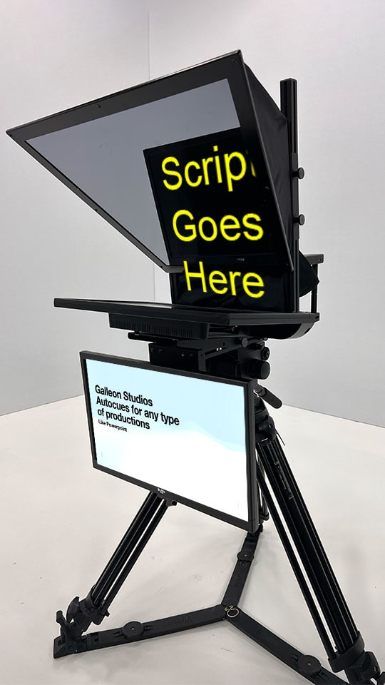 dual teleprompter fopr script and powerpoint image