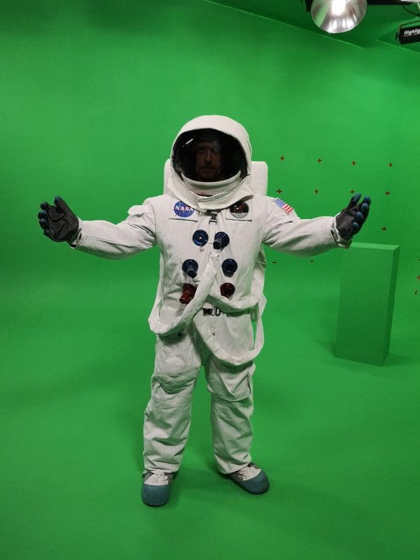 Astronaut in spacesuit on green screen set in Manchester studio